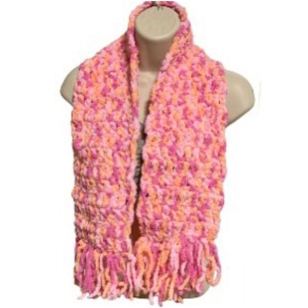 Chenille Thick Creamsicle Orange Pink Scarf Handmade Hand Crochet Fringe 48 x 6